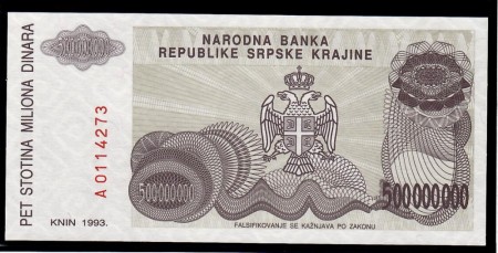 Knin i Kroatia: 500 000 000 Dinarer 1993 (89)