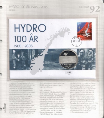 Myntbrev nr 92. Hydro 100 år 1905 - 2005.